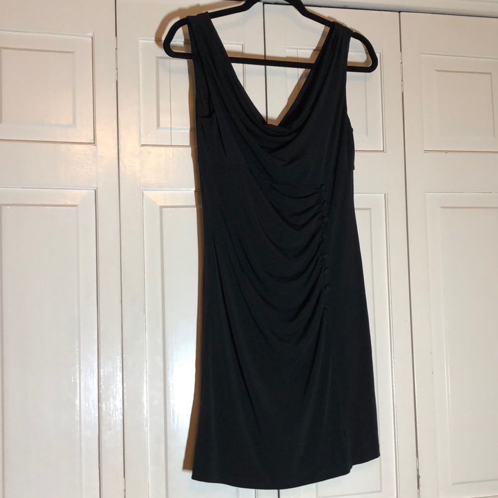 WHBM LBD Black Draped Front Buttons Empire Waist V Back Sleeveless SZ 8